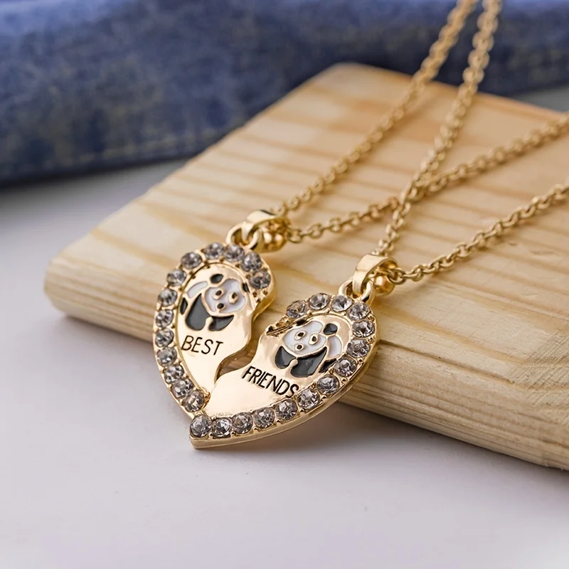 2pcs/Set Gold Color Cute Animals Panda Pendant Best Friends Rhinestone Heart Necklace To My Friend