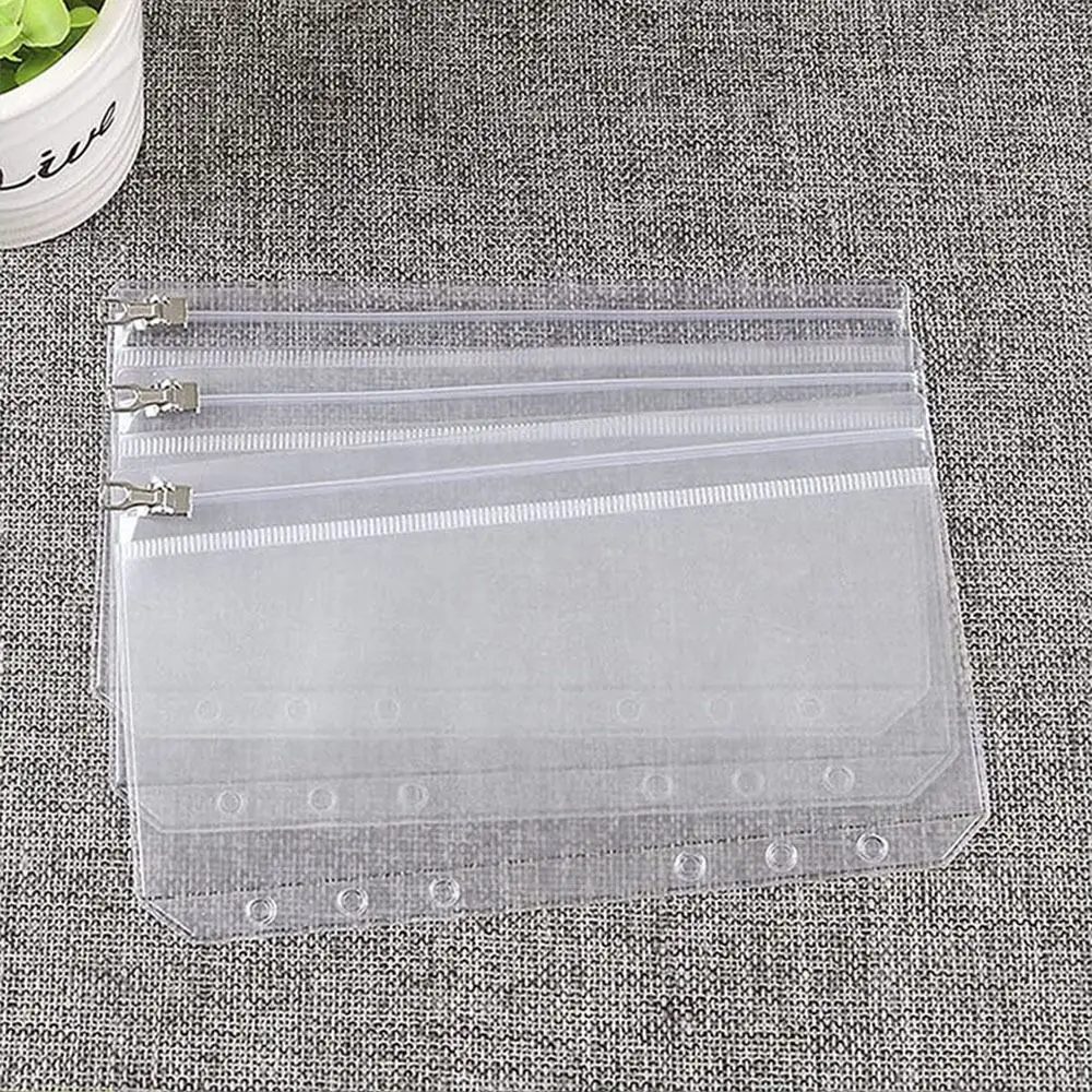 

6-Hole A5 A6 Clear PVC Pockets Waterproof Transparent File Organizer Stationery Storage Bag With Metal Zipper