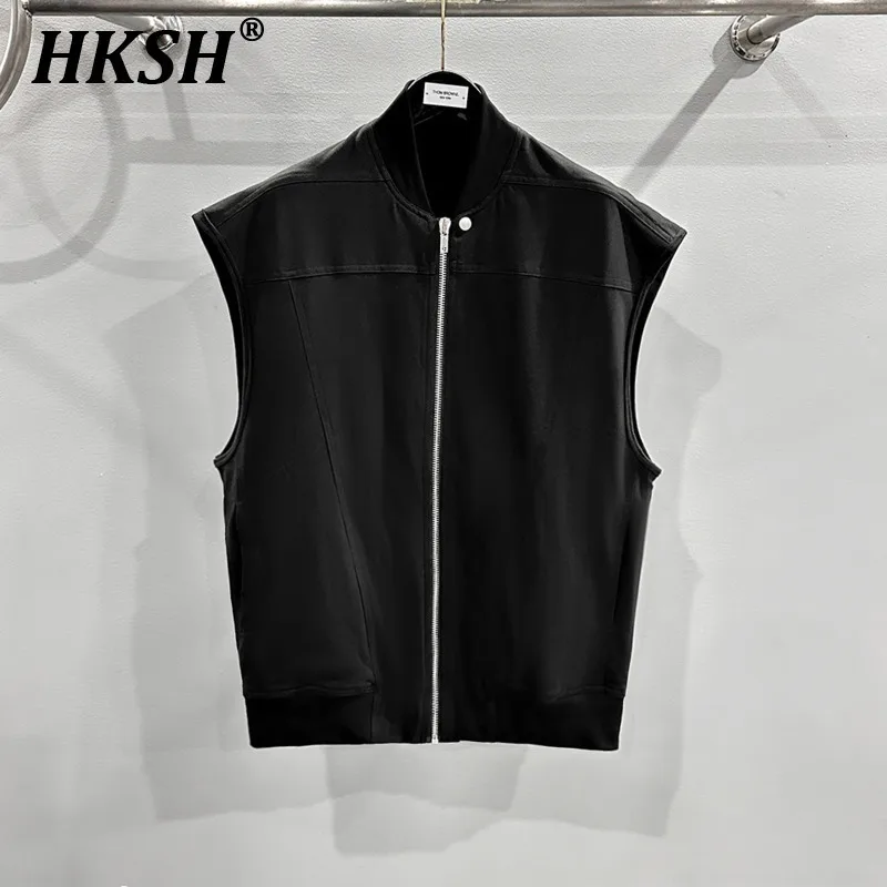 

HKSH Men's Tide Dark Streetwear 2024 Autumn Winter New Waistcoat Solid Color Splicing Punk Knitted Cotton Zipper Tank Top HK2330