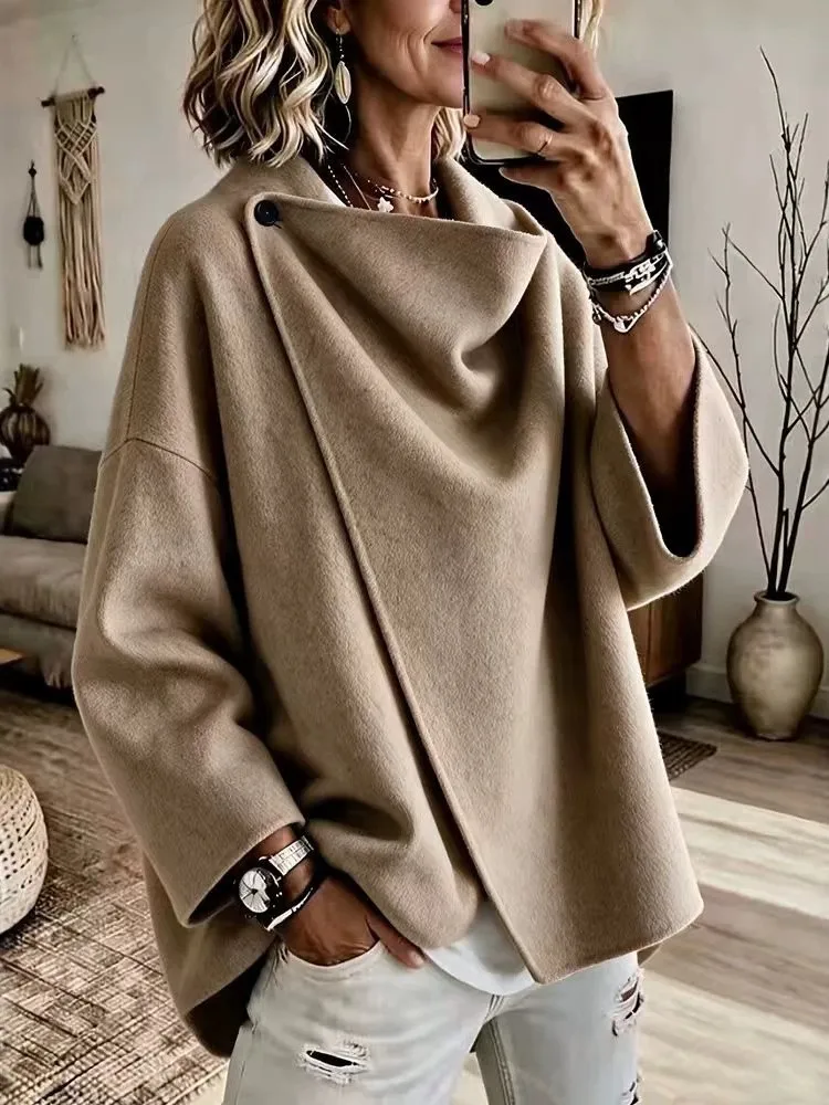 Women Asymmetric Solid Color Coat Fashion New Long Sleeve One Button Loose Wrap Jacket Casual Autumn Winter Elegant Outerwear