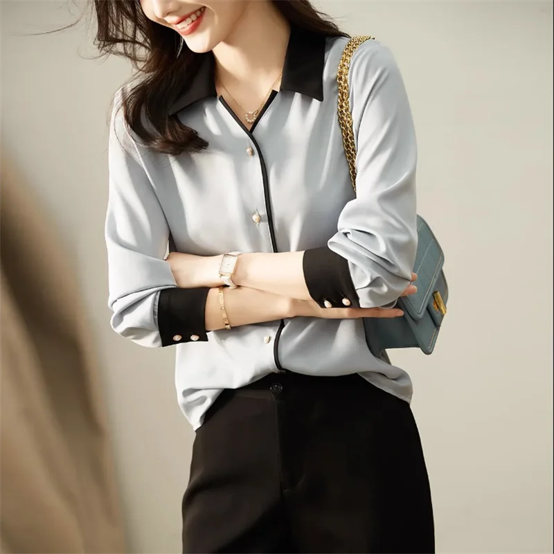 

Button Up Shirt Women Fashion Long Sleeve Womens Tops OL Autumn New Splice Women's Clothing Turn-down Collar Blouse Women Shirt