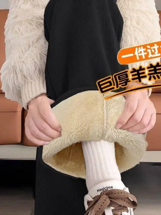 Damskie spodnie z szerokimi nogawkami z aksamitu jagnięcego, ocieplane, z podszewką z polaru, sportowe, proste, bawełniane, z wysokim stanem, długość 7/8, idealne na zimę.