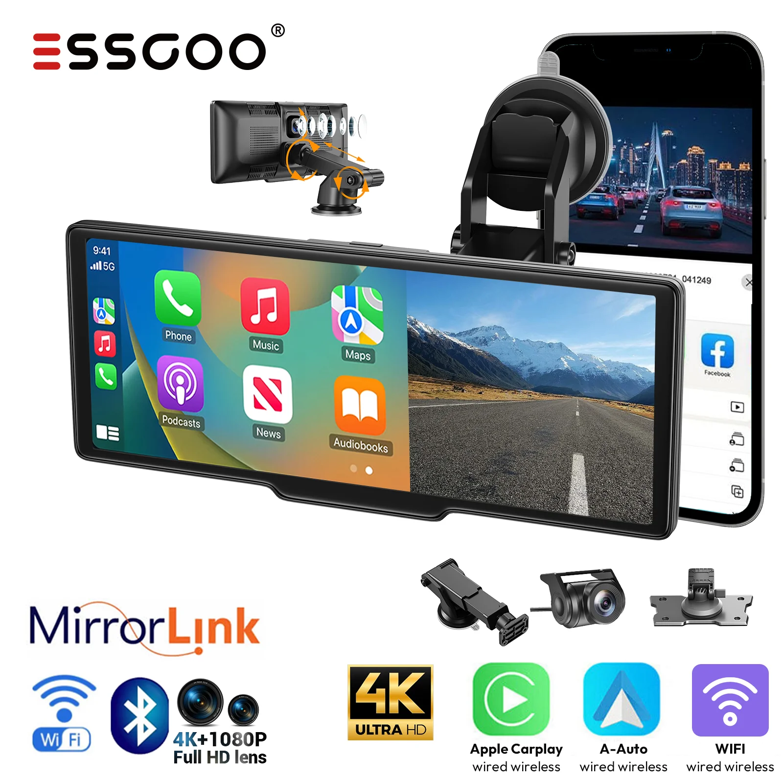 ESSGOO 4K 1026 Zoll Touchscreen Auto Dashcam Tragbar Drahtlos Apple CarPlay Android Auto Doppellinsen Videorekorder Doppel Dashcam DVR Fur ISO Android USB FM AUX Bluetooth WIFI Type C Mirror Link