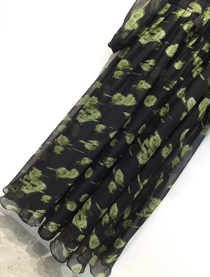 MIUXIMAO 2025 ชุดเดรสฤดูใบไม้ร่วงแฟชั่นชุดเดรสยาวแขนยาวพิมพ์ลายดอกไม้สีเขียวชุดสีดำผู้หญิงเวสติดส์โบว์