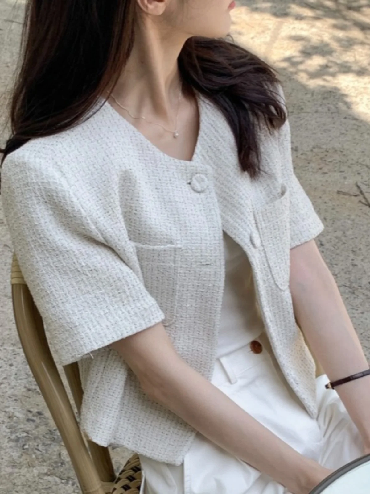 

Шикарная летняя возрастная клетчатая женская верхняя одежда Sli Утягивающий универсальный кардиган для поездок на работу Sle из смеси хлопка