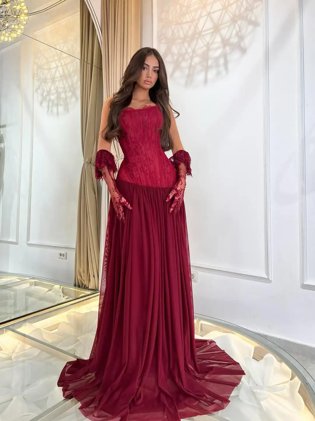 

New Design A Line Draped Evening Dress Off The Shoulder Lace Fishbone Corset Tulle Sheer Glove Train Floor Length Formal Gown