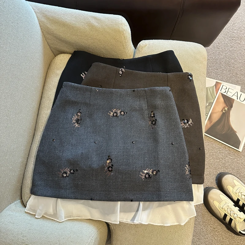 Autumn Winter Heavy Work Sequin Embellished Suiting A-Line  Skirt High Waist Patchwork Girl's Polyester Fiber Short Skirt