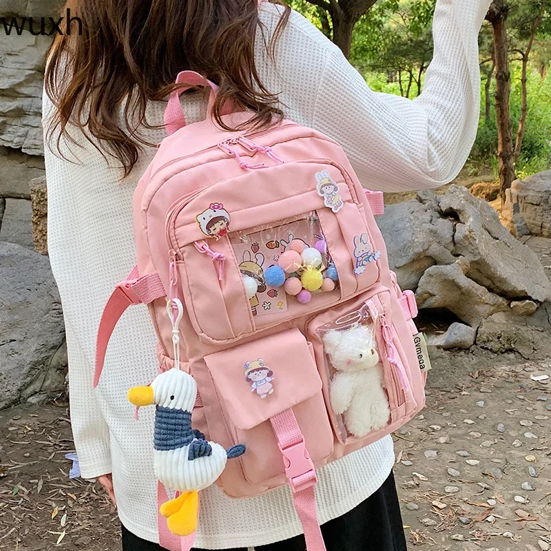 Women Kawaii Backpack Candy-colored Nylon Backpack Multi-pocket Large-capacity Solid Color Schoolbag Cute School Backpack