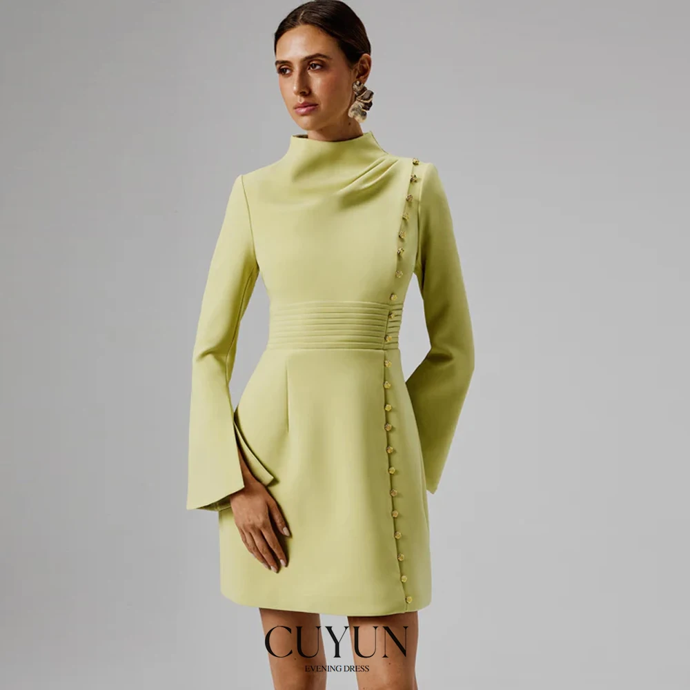 

CUYUN High Collar Modest Women Mini Dresses Flare Sleeves Sage Elegant Party Dresses Customized Wedding Guest Dress for Party