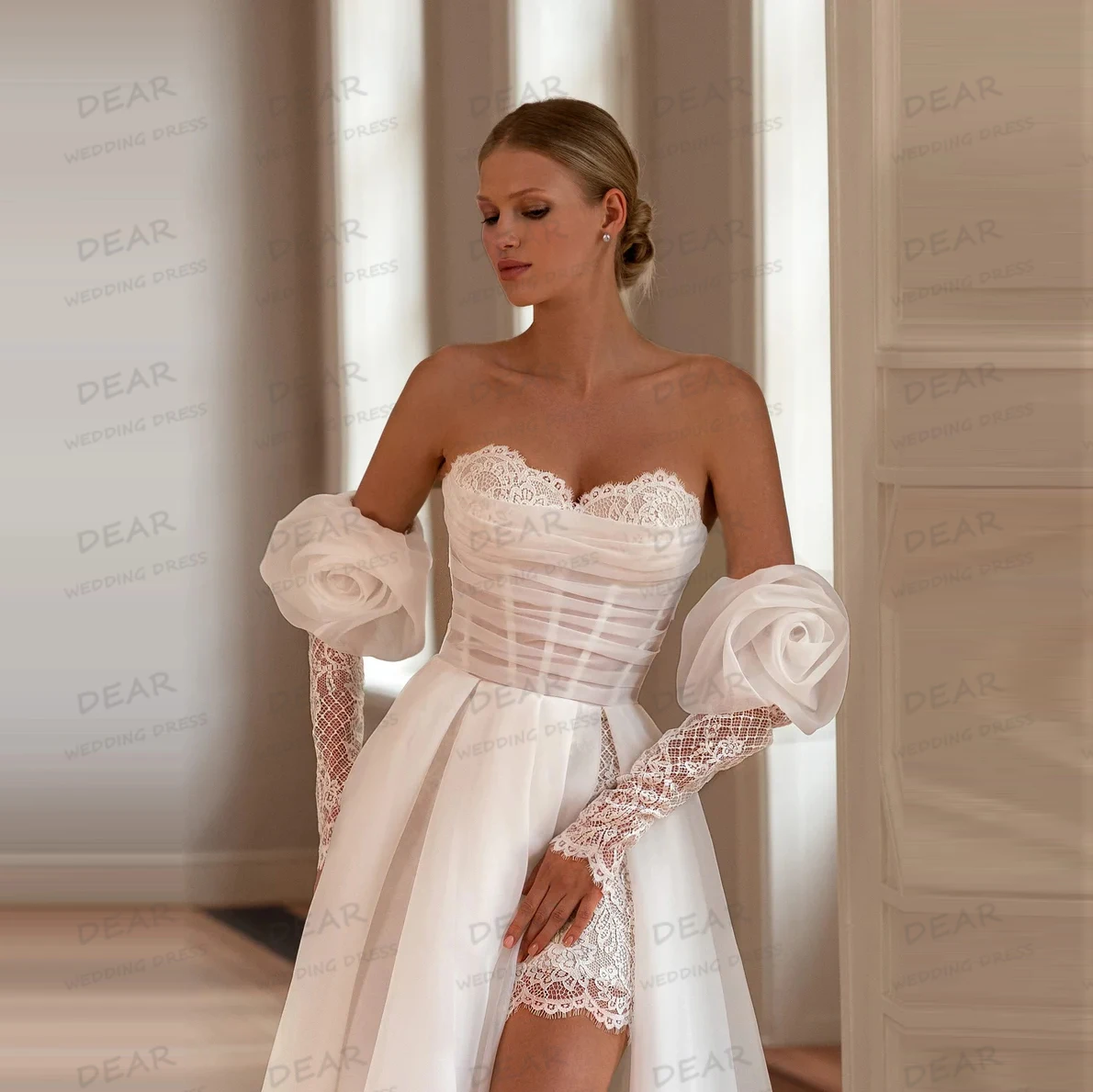 Luxury Sexy Wedding Dresses A Line Women's Appliques Bride Gowns High Side Split Sweetheart Vestidos De Novia Customized Tulle