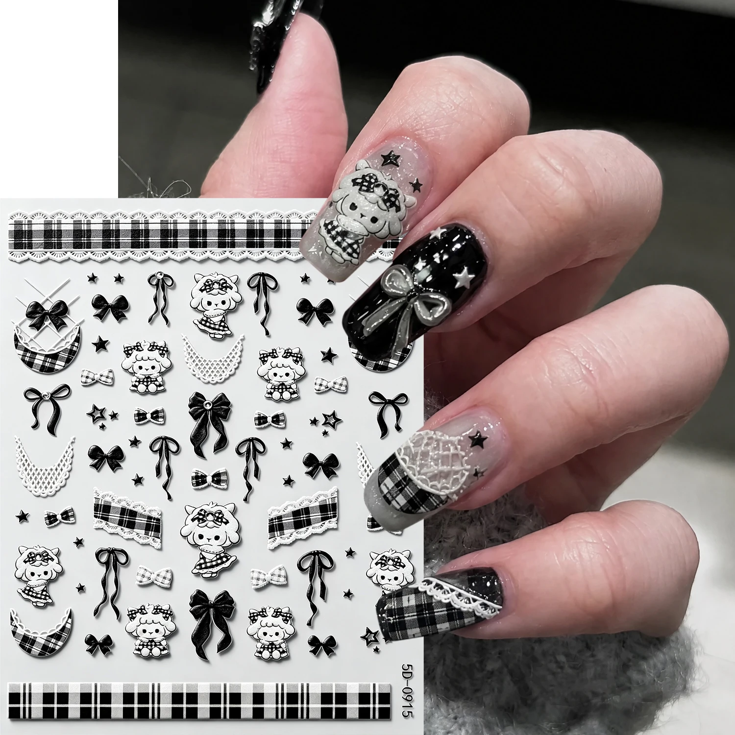 5D Christmas Embossed Cartoon Black White Checkered&Lamb Nail Art Sticker Plaid/Moon/Bow/Lace/Star Sweet Lolita Kawaii Slider