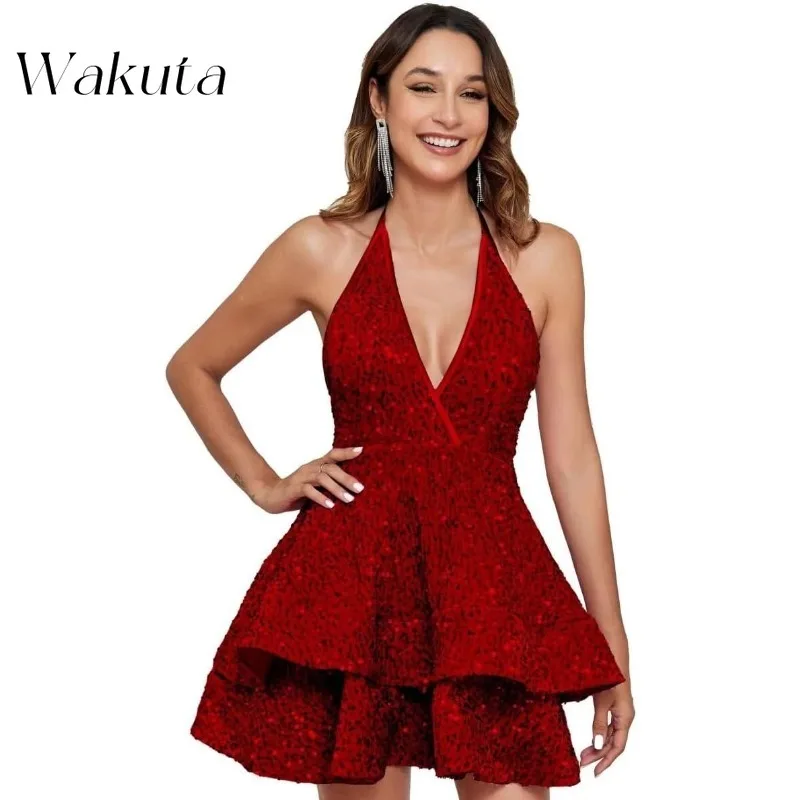 Wakuta Sparkly Sequin Women's Homecoming Dress Short Layered Spaghetti Strap Prom Robe A Line Cocktail Christmas Party Vestidos