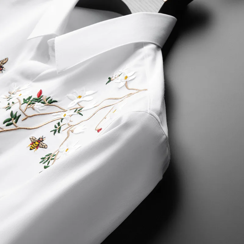 Flower And Bird Embroidered Luxury Shirt Men\'s Long Sleeve Spring And Autumn Slim Fit Anti Wrinkle Trend Evening Dress Top