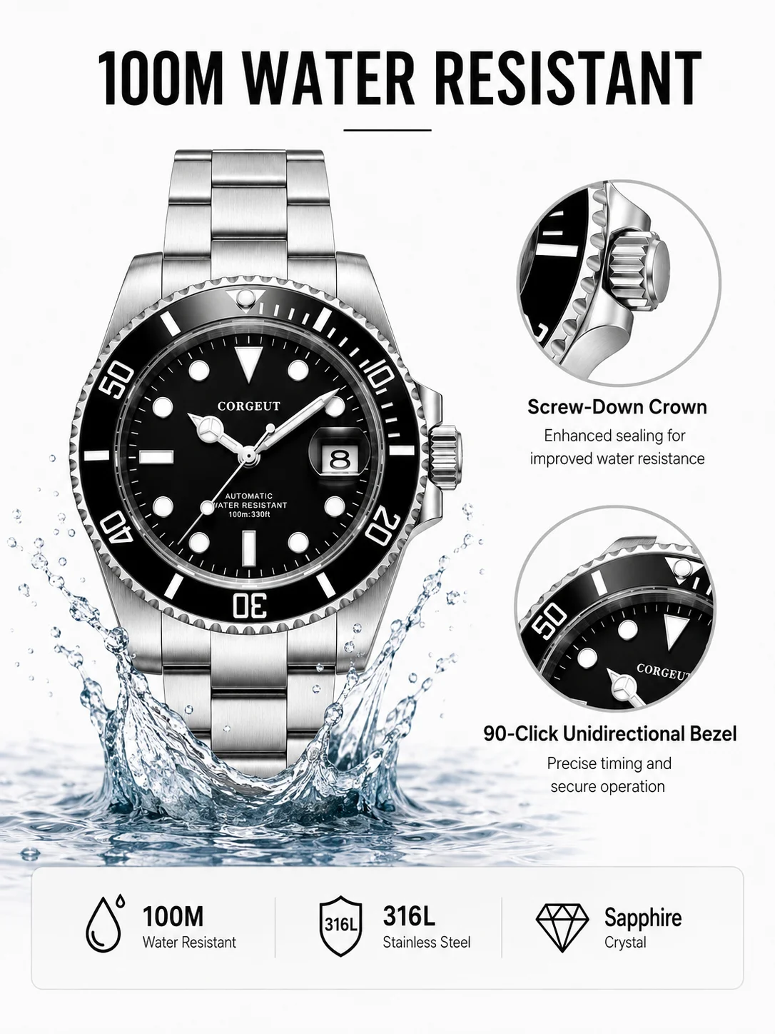 CORGEUT 6001G NH35 Automatische Taucheruhr 40mm Saphirglas 100M Wasserdicht Stahlarmband – Detail 3