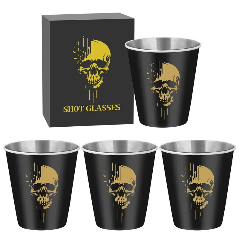 

4pcs/set 70ml/2.39oz Skull Head Pattern Shot Glasses Metal Wine Liquor Cups for Kitchen Club Party Barware Event Wedding Gift
