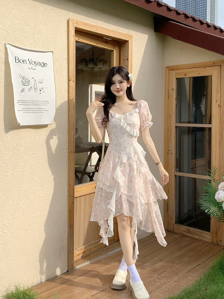 

Tea Break French Floral Dress Women's Summer Irregular Hem Wear Super Fairy Escape Skirt