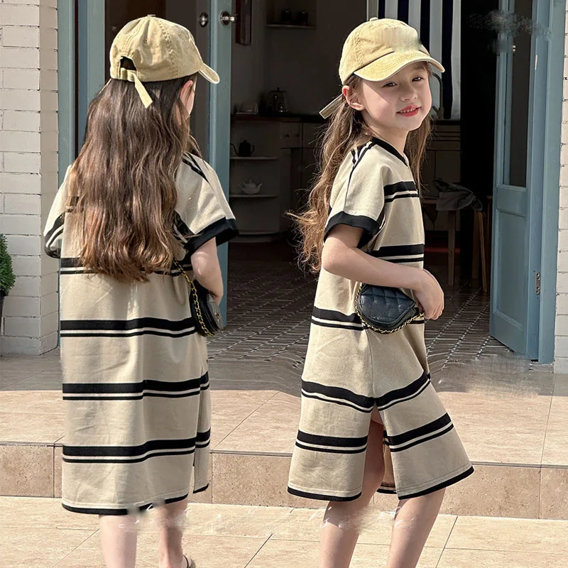 Children's Korean Version Loose Striped Dress 2024 Summer New Style Girls' Mid To Long Slit Short Sleeved Dress Kids Clothes