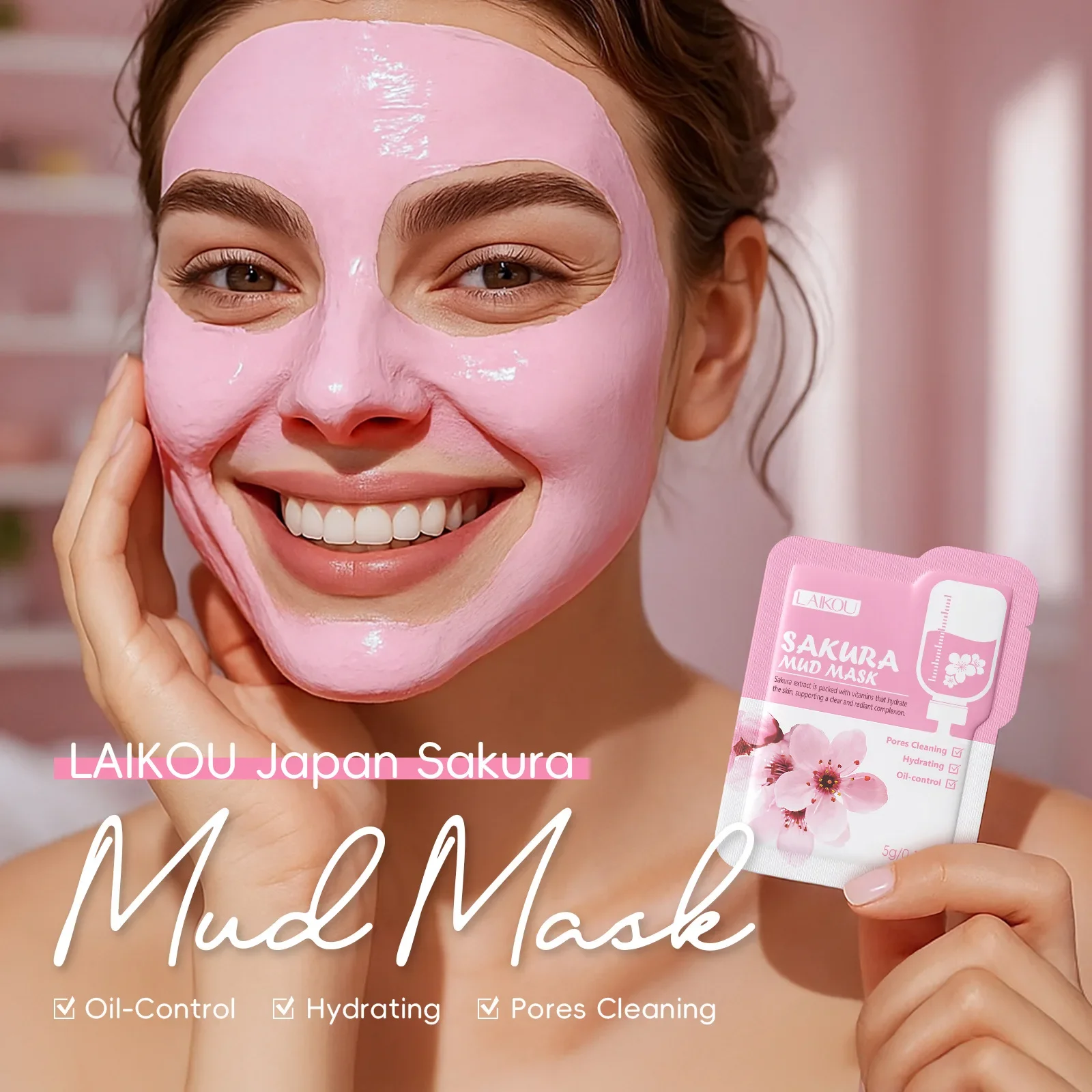 Laikou Sakura Mud Mask 5g | Deep Cleansing Hydrating Clay Mask for Oil Control, Pore Minimizing & Brightening, Natural Skin Care