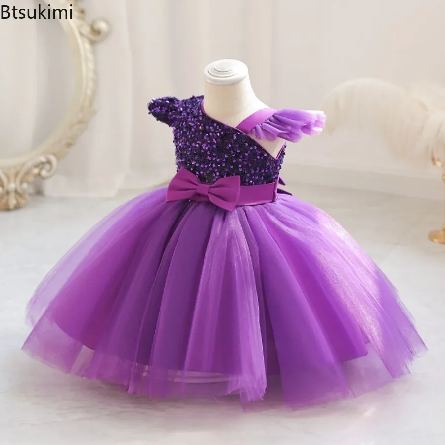 New Girl's Summer One Shoulder Sequin Fluffy Clothes New Off Shoulder Dress Girl Wedding Dress 0-5 Year Old Baby Girls Dress
