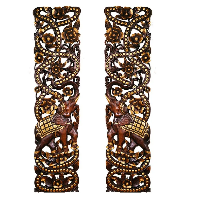 Thai solid wood handicrafts Thai teak elephant carving board, hollow carved board entrance background wall decoration