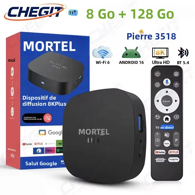 Nouvelle Box TV HD 8K T1+ 2026 Android 16.0 RK3518 Quad Core 8 Go RAM 128 Go ROM Double Wi-Fi 2.4G/5.8G Lecteur Multimédia Home Cinéma