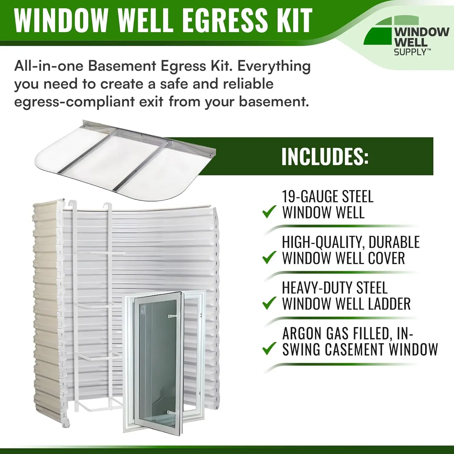 Complete Basement Egress Window Kit - Window Covers - Egress Window Well Kit With Egress Ladder - Basement Window Well Covers -