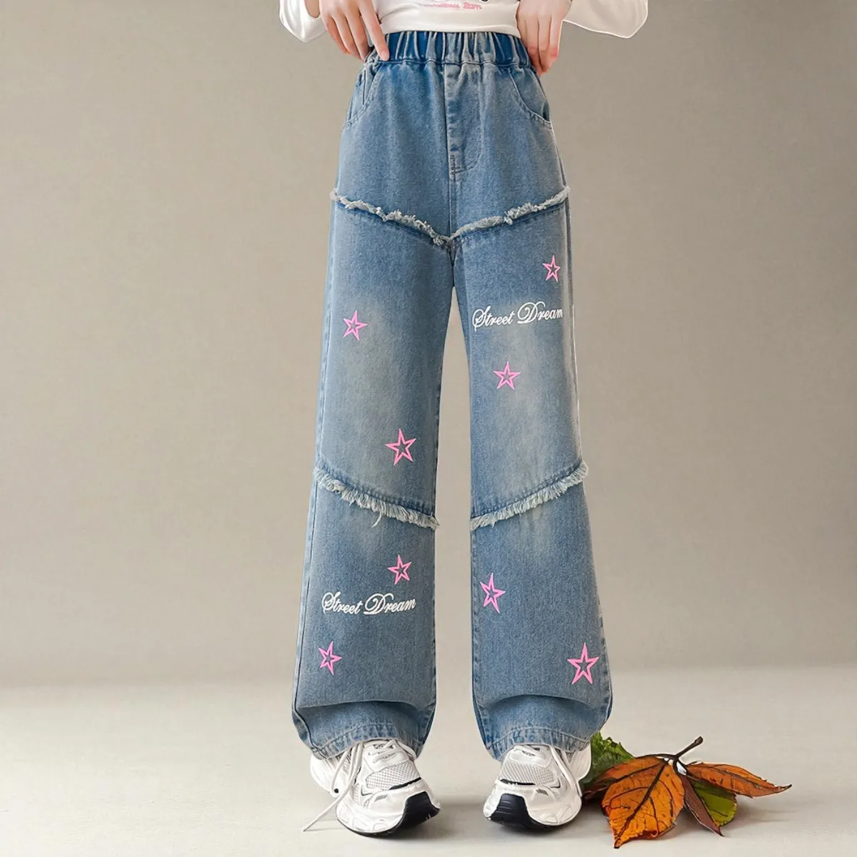 SEAUR Jean Enfant Fille 5-16 Ans Y2K Baggy - Pantalon Denim Taille Élastique Casual