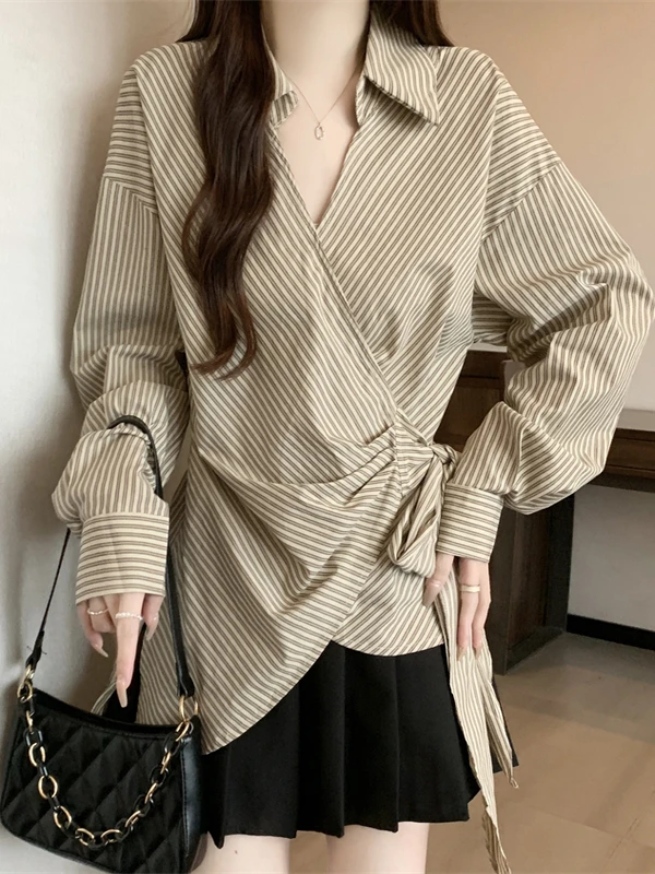 

French Sle Slim Fit Striped V-Ne Long Sve irt Женский топ больших размеров с поясом и затягивающим поясом на талии