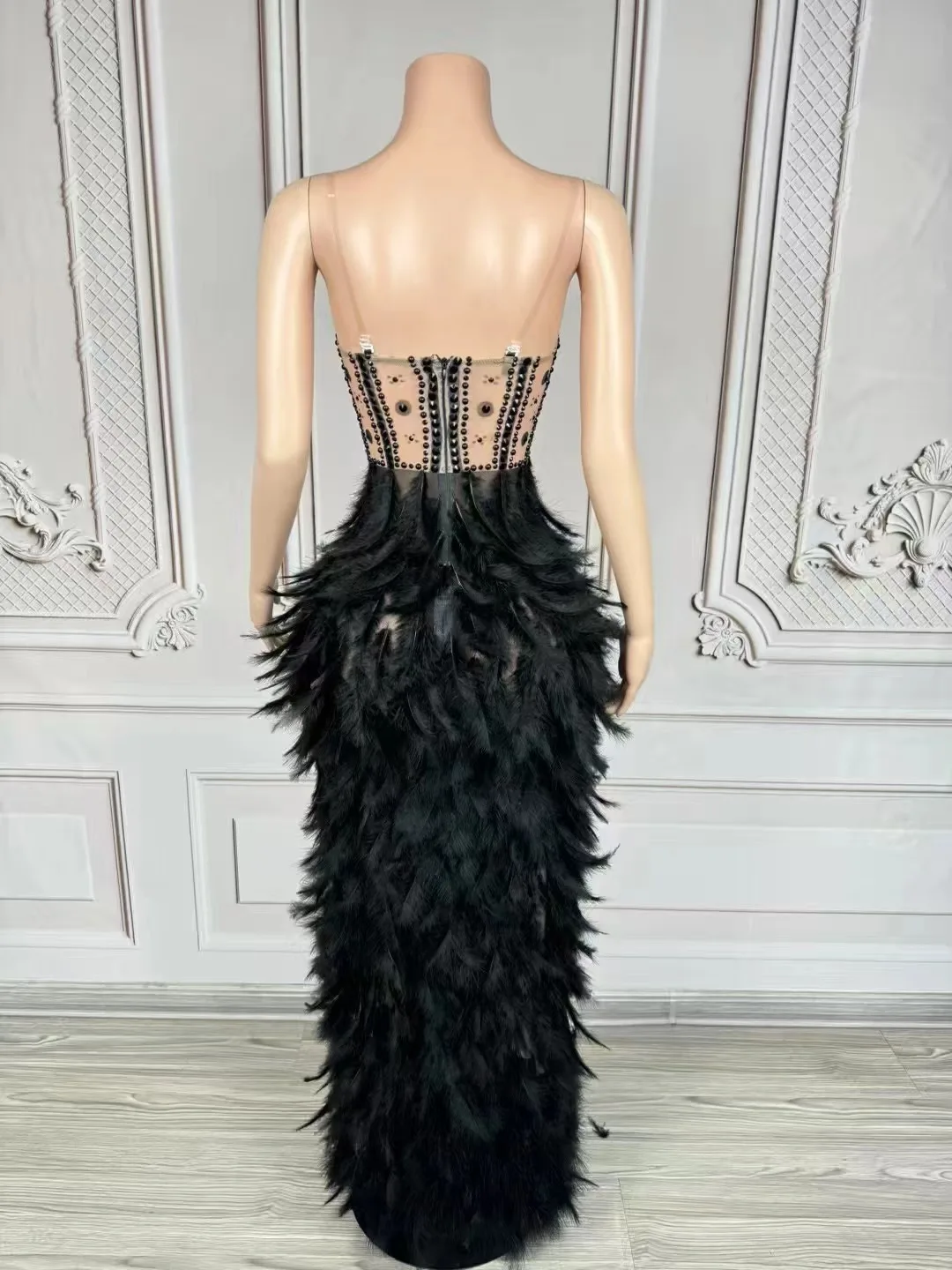سباركلي أحجار الراين اللؤلؤ الريش فستان طويل المرأة مثير شبكة انظر من خلال عيد ميلاد احتفال مساء حفلة موسيقية فستان صورة تبادل لاطلاق النار ارتداء