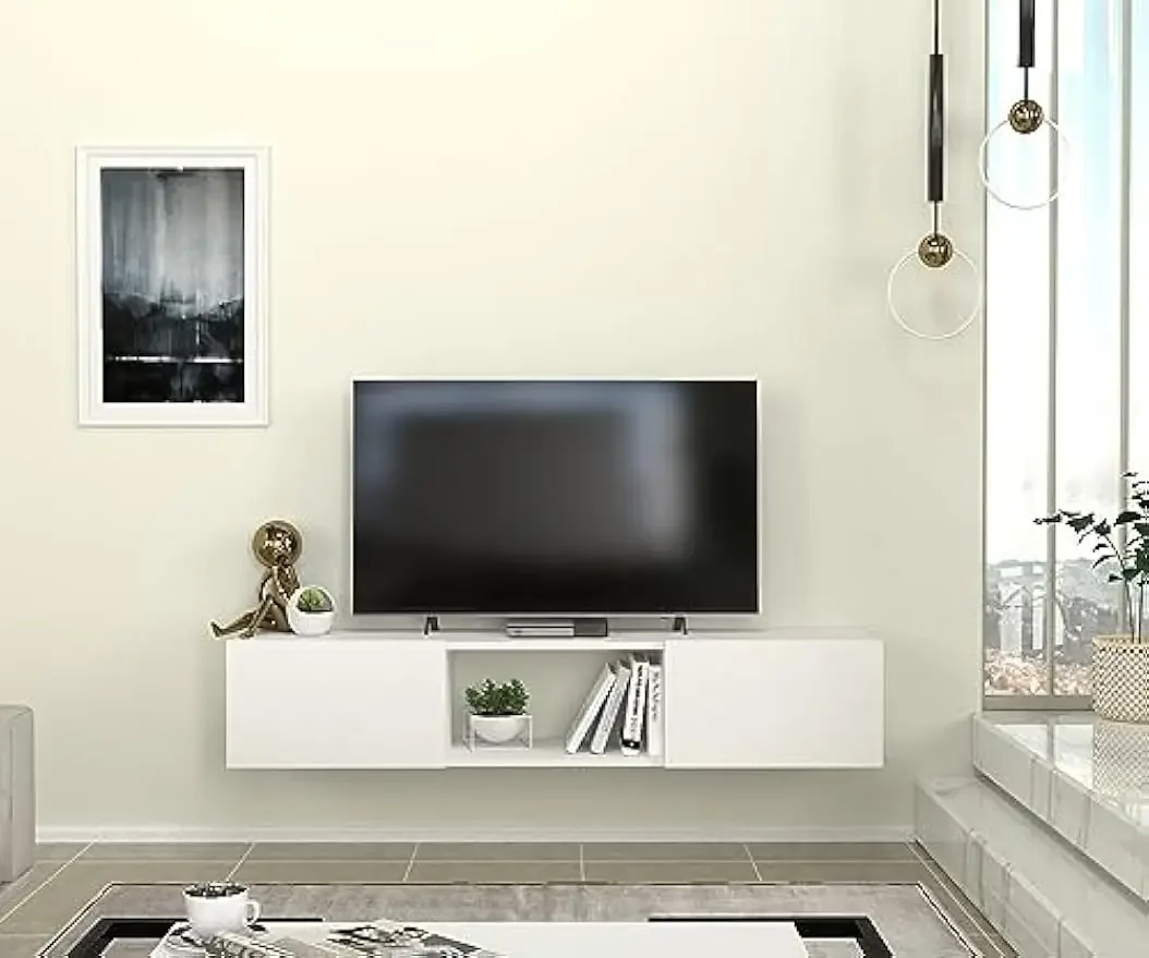 DORPEK Segment  Stand White|Floating Unit for TVs up to 65”| Wall Mounted Tv Bench with 2 Drawers and 1 Open Shelf