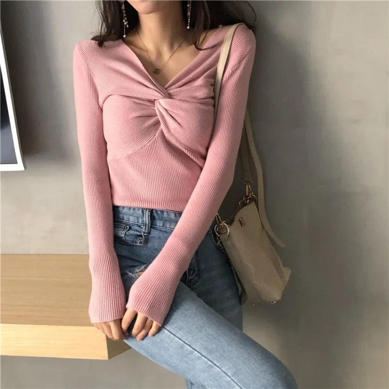 Camicia skinny lavorata a maglia autunno inverno maglione pullover da donna top donna manica lunga elastica scollo a V maglioni slim camicie in maglia