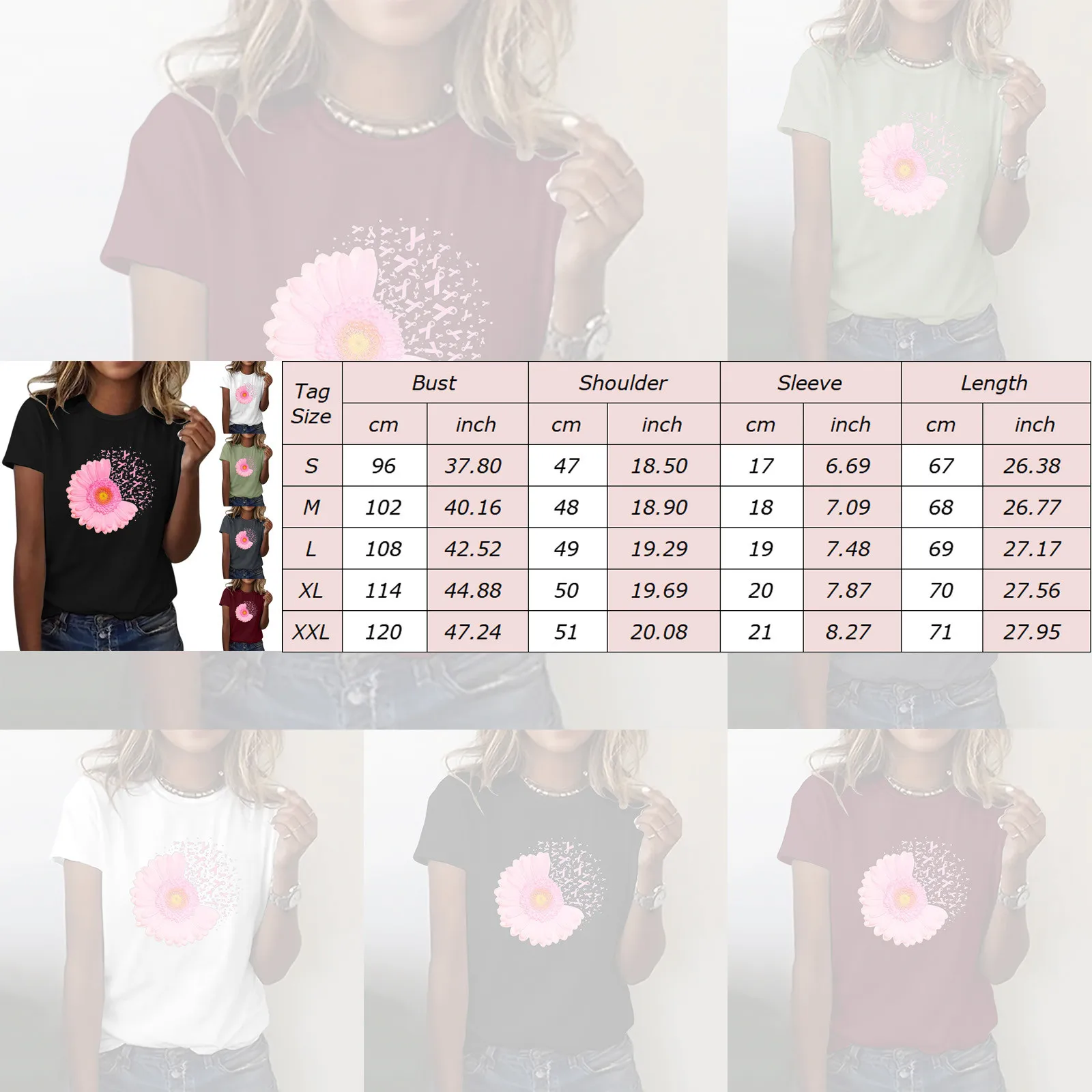 Breast Cancer Prevent T-Shirt Fashion Flower Pink Ribbon Combine Print Tees Breast Cancer Awareness Clothes Gifts Casual Tops