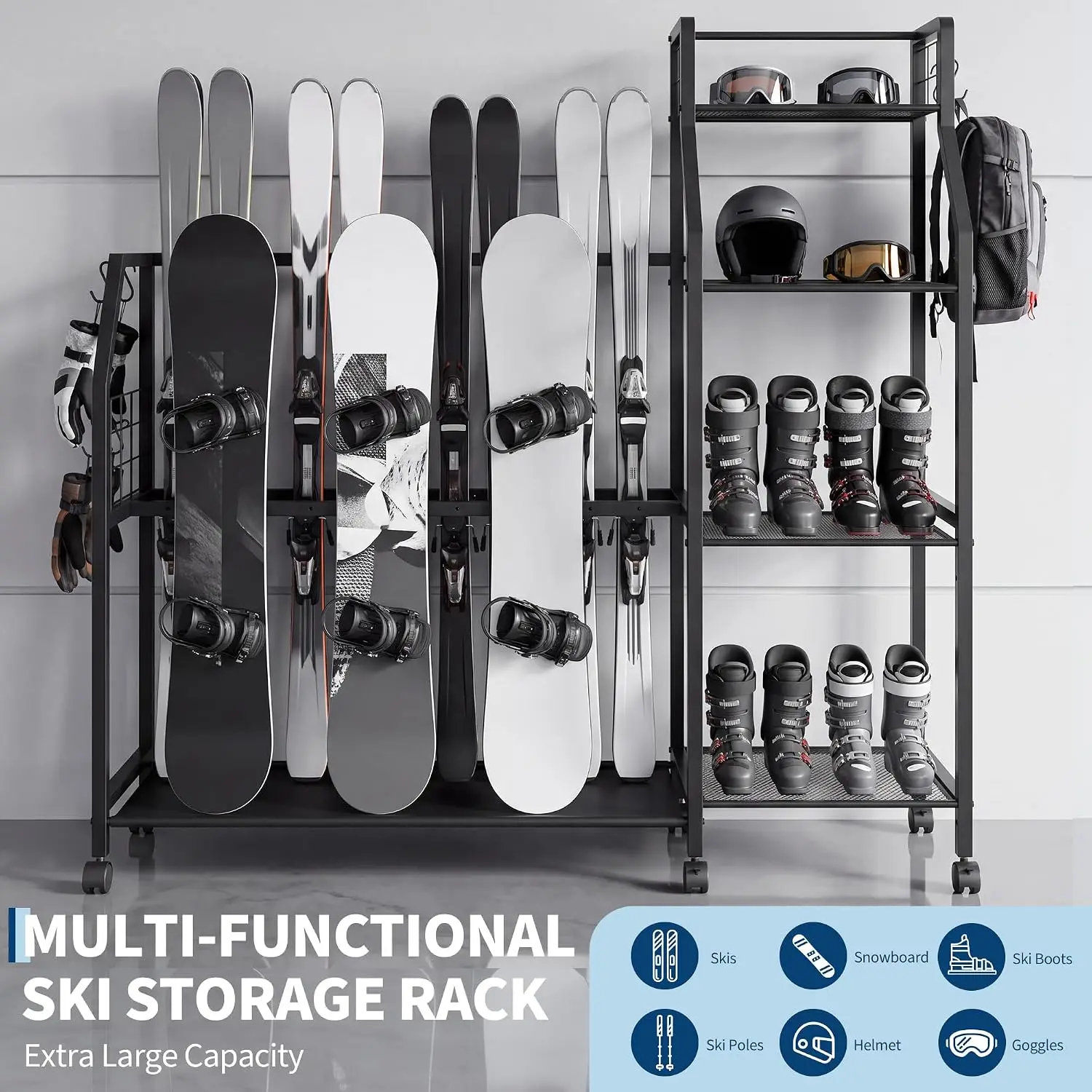 Ski & Snowboard Rack With Wheels, 4-Tier Adjustable Freestanding Organizer For 4 Pairs of Skis, 3 Snowboards, Boots, Helmets & Goggles