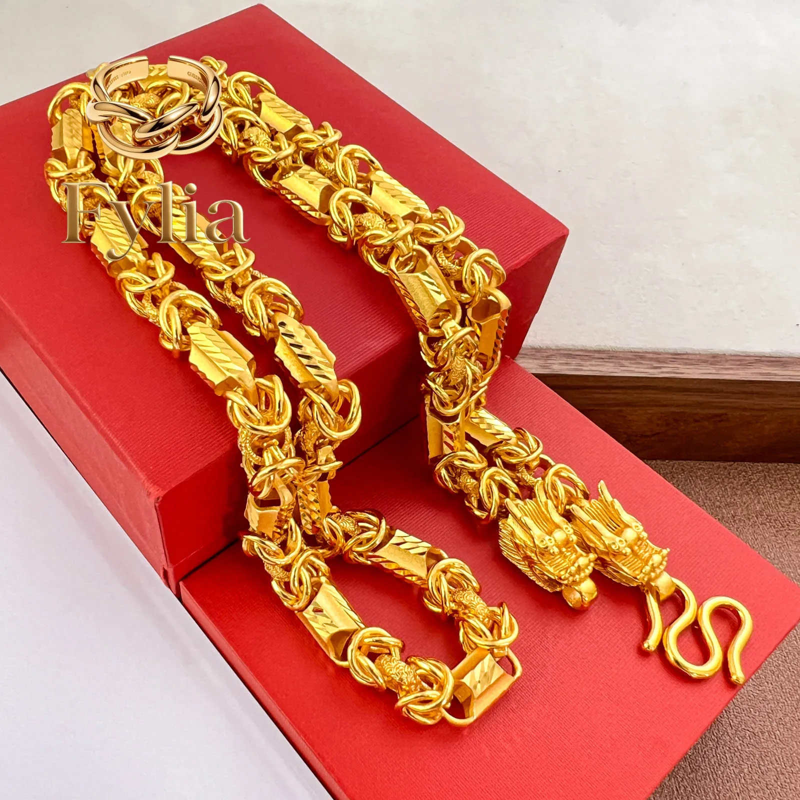 Fylia Jewelry   9999 24K real gold boutique fantasy craft dragon bone necklace men's domineering retro faucet chain fashion hexa