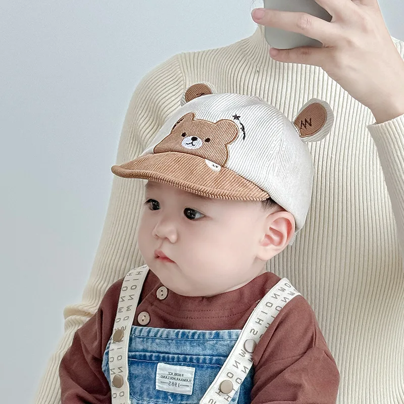 

Cute Children Bear Duck Tongue Cap Autumn Corduroy Kids Peaked Cap Cartoon Ear Baby Soft Brim Baseball Hat 6-18M Sunshade Visors