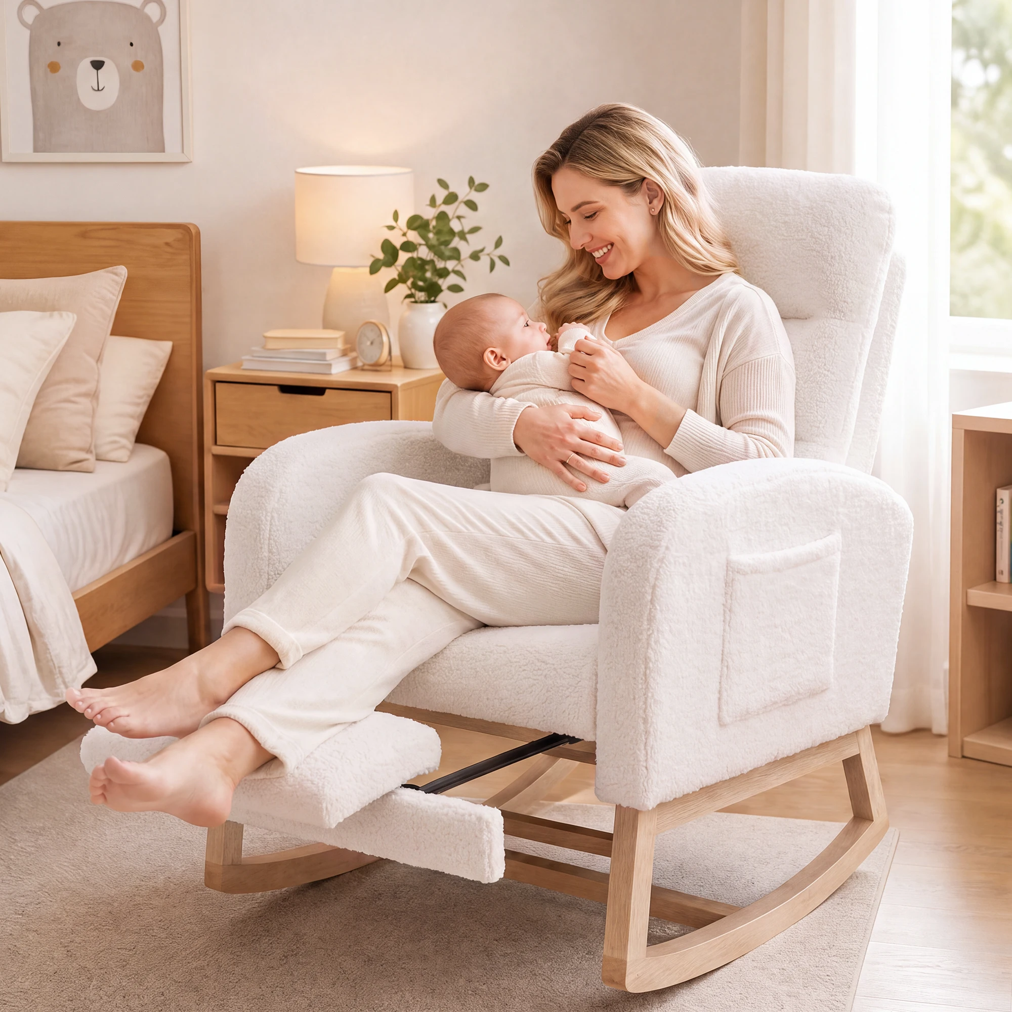 Nursery Rocking Chair with Footrest & Tall Back - Upholstered Glider Recliner with Sherpa Fabric, Smooth Quiet Glide, 350lb Capacity, Non-Slip Curved Base for Bedroom or Reading Nook - White