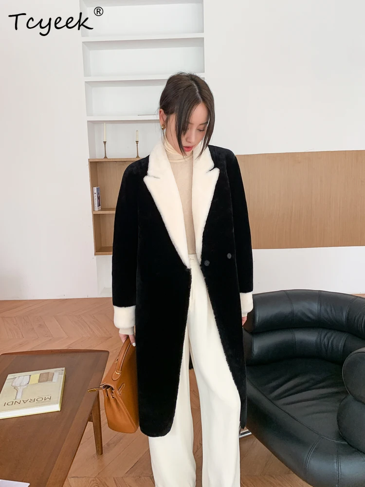Tcyeek Genuine Leather Autumn Winter Fur One-piece Suit Collar Loose Black Medium Length Women's Wool Fur Coat Fourrures Femme