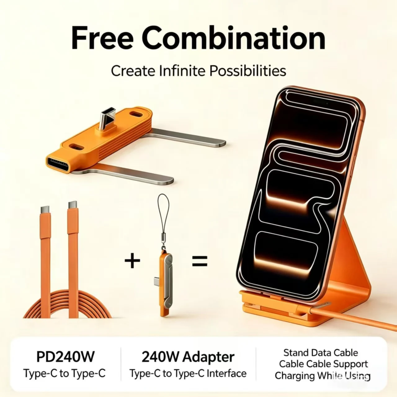 240W 2-in-1 USB C to Type C Fast Charging Foldable Bracket Data Cable for iPhone 17 OnePlus Detachable Cables Tipo C Adapter