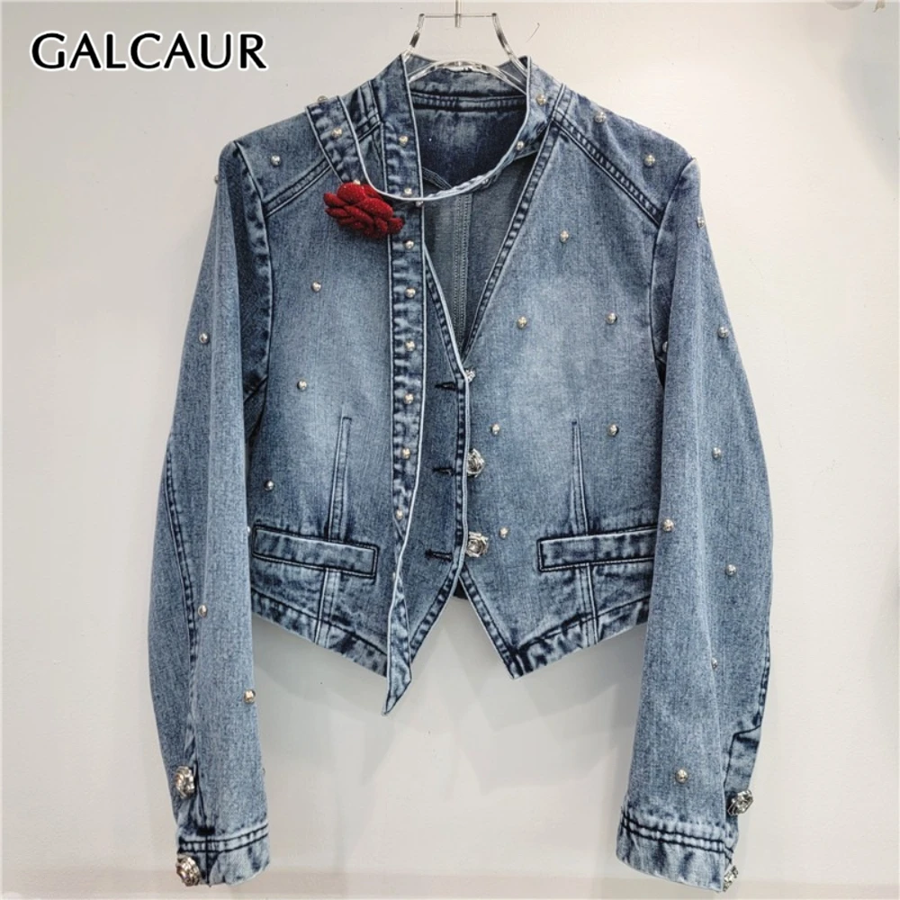

GALCAUR Blue Spliced Beads Luxury Jacket Female V Neck Long Sleeve Streetwear Design Women's Jackets Autumn Fashion New Style