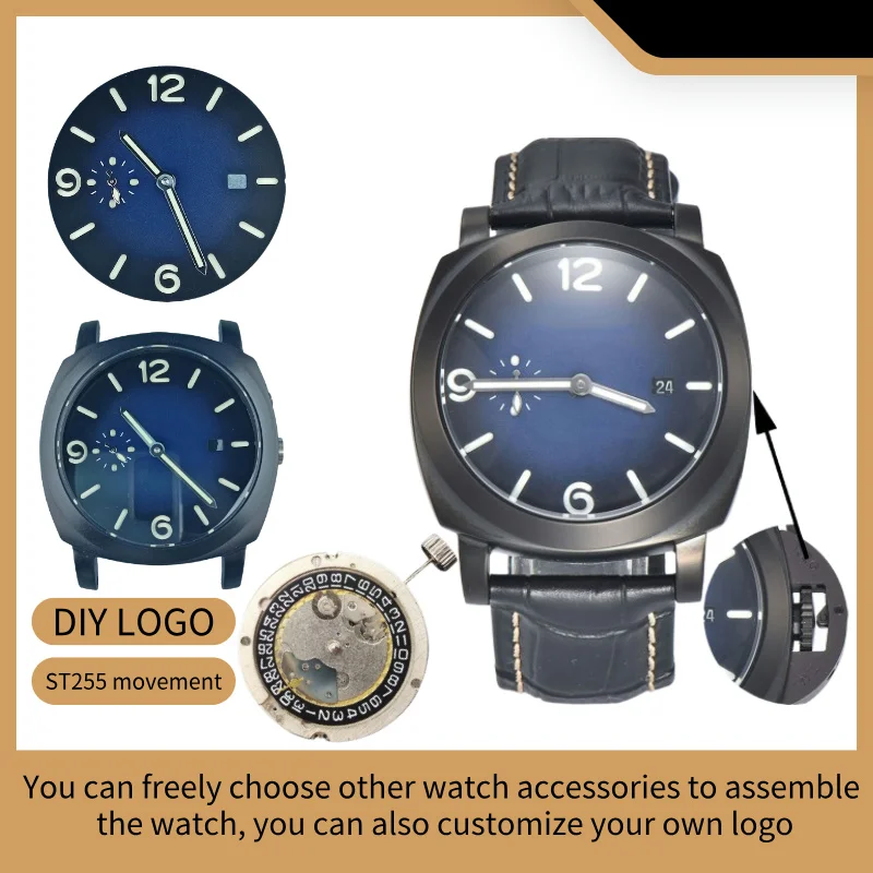 44mm ST2555 watch case fits ST2555 movement assembly, stainless steel case, sapphire leather strap, luminous dial