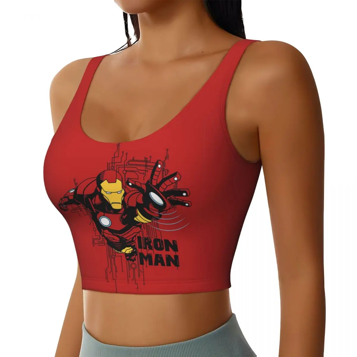 Custom Iron Man Movie Retro Poster High Impact Sports Bras for Women Seamless Workout Running Crop Tank Tops