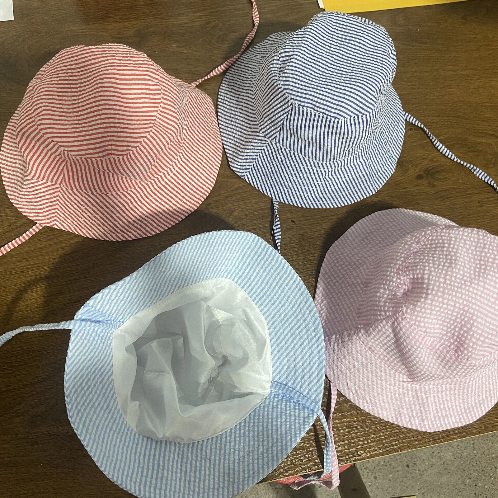 Striped Seersucker Summer Hat For Kids With Wide Brim Bucket Cap 50+ SPF Protective Breathable Folding