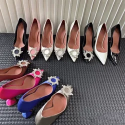 Women's pointed single shoes Spring and Autumn New Fashion High Heel Banquet Water Diamond Sun Metal Buckle Shallow Mouth Shoes