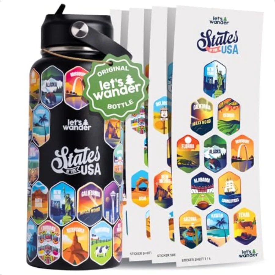 

50 States Water Bottle with Waterproof Stickers 32oz Leakproof Insulated Stainl Steel with Straw States of the USA Gift Bottle