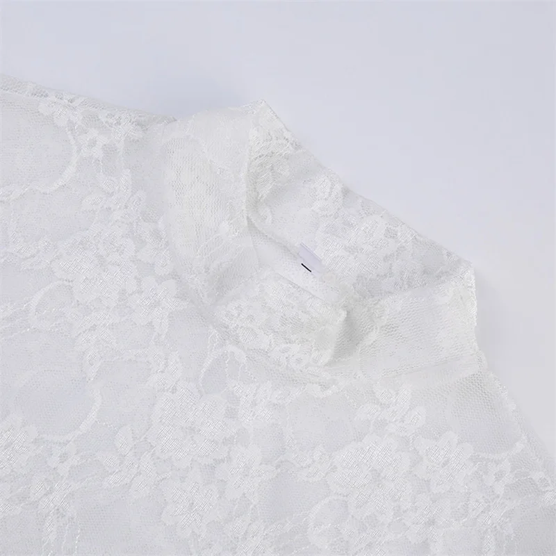 Kaus wanita lengan panjang, atasan Crop motif bunga berenda, pakaian jalanan, kaus ramping tembus pandang, leher tiruan, lengan panjang warna putih, peri