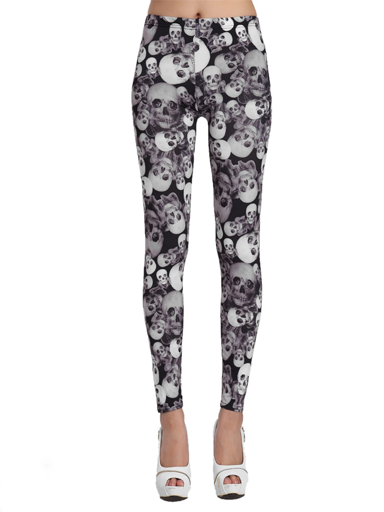 New European And American Milk Silk Skull Printed Leggings Fashion Thin Selling High Stretch Tight Nine-point Pants Women