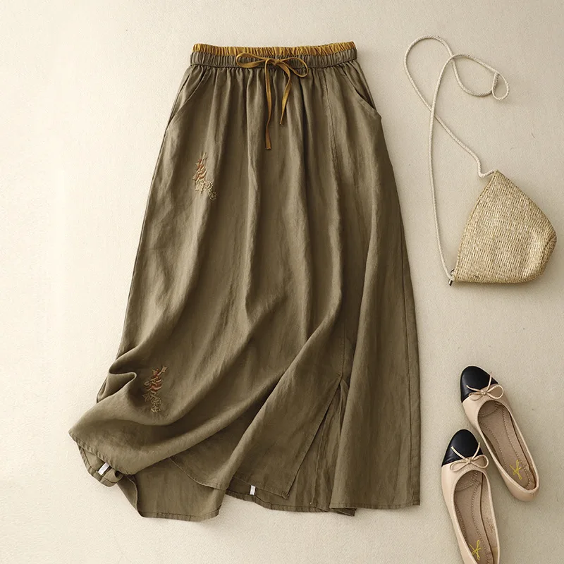 Embroidery splicing skirt elastic waist color matching a-word skirt women's retro linen loose medium and long Boho Beach skirt
