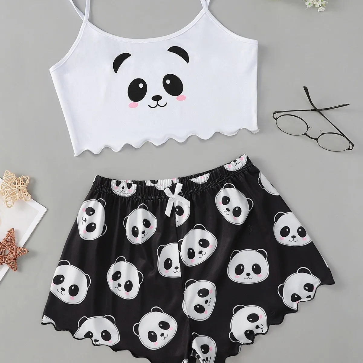 

Summer Sleepwear Women's 2pcs Cute Soft Comfy Panda Print Sexy Sleeveless Shorts Homewear Pajama Set Loungewear