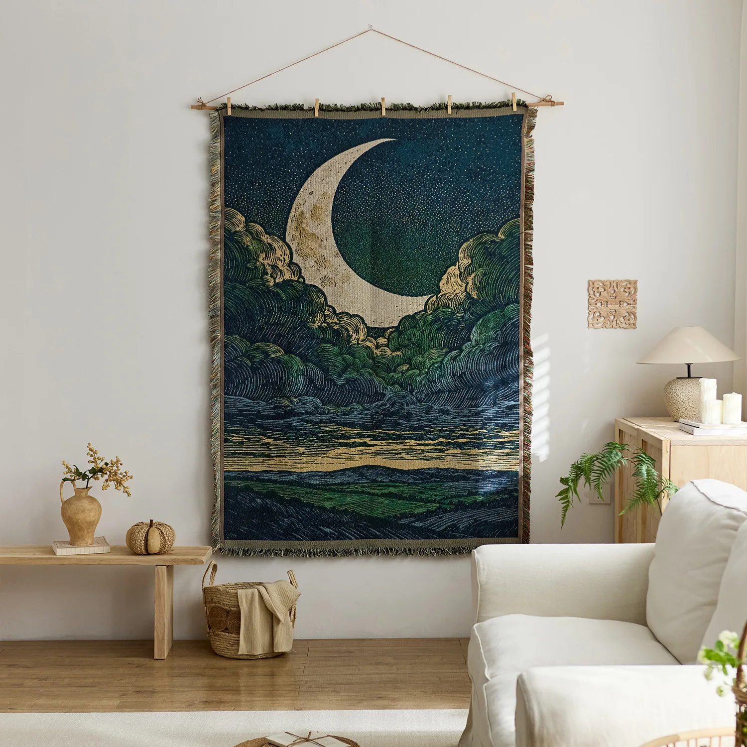 YFY retro star and moon cloud scene hanging cloth art style fabric hanging painting wall decoration cloth cotton yarn fringed
