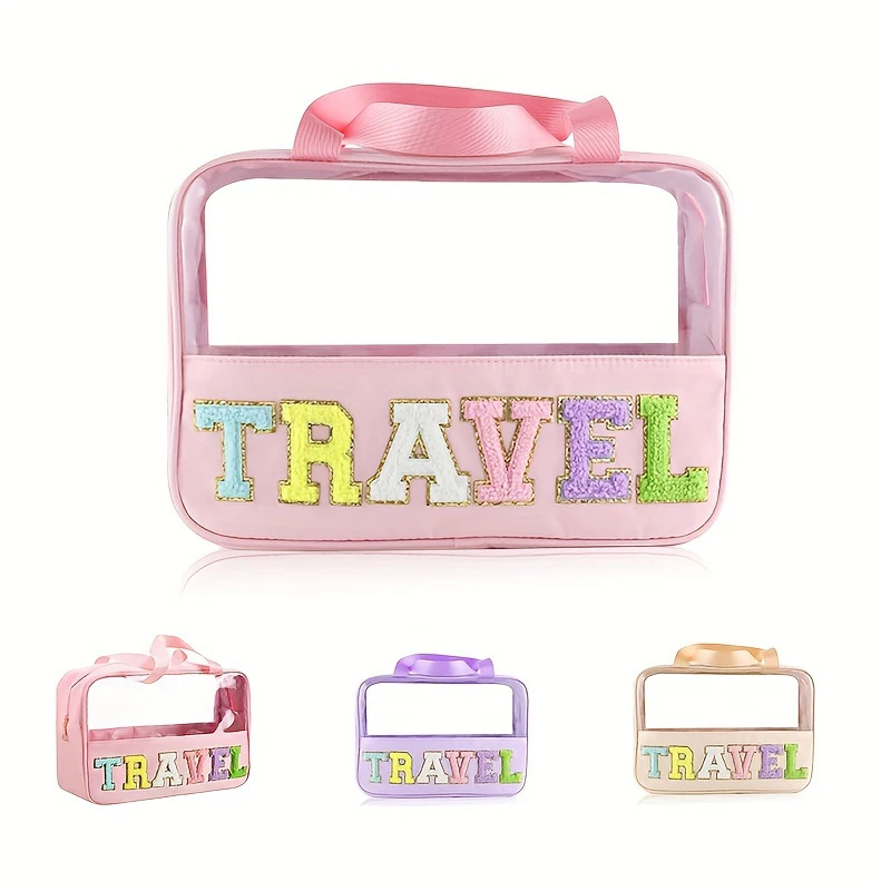 Letter Patches Cosmetic Bag Transparent Women Make Up Case Waterproof Nylon Makeup Pouch Toiletry Beauty Organizer for Travel